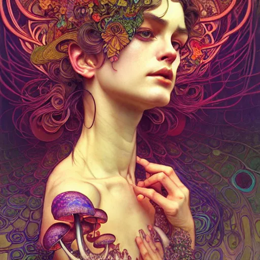 Prompt: An extremely psychedelic portrait, surreal, mushrooms, DMT, LSD, face, detailed, intricate, elegant, lithe, highly detailed, digital painting, artstation, concept art, smooth, sharp focus, illustration, art by Krenz Cushart and Artem Demura and alphonse mucha