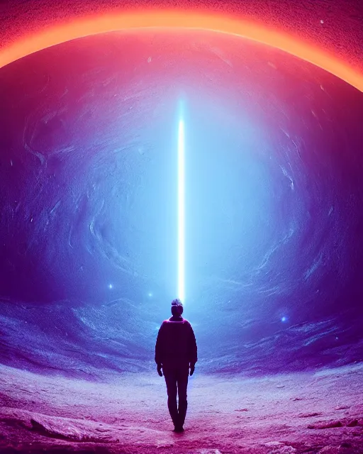 Image similar to a person standing in front of a glowy open door that's on a barren moon, poster art by mike winkelmann, trending on cg society, space art, sci - fi, ue 5, futuristic, volumetric lighting, light casting onto the ground, neat composition and camera angle