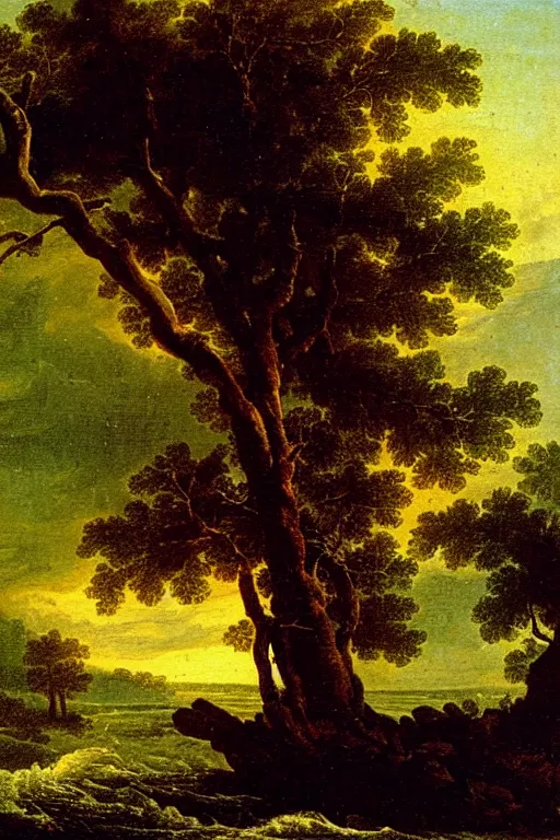 Image similar to oil painting of a old tree next to a raging river by claude lorrain