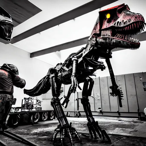 Prompt: mechanical battle T-Rex being constructed, welding sparks raining down, high contrast, HDR, photo, detailed, 4k