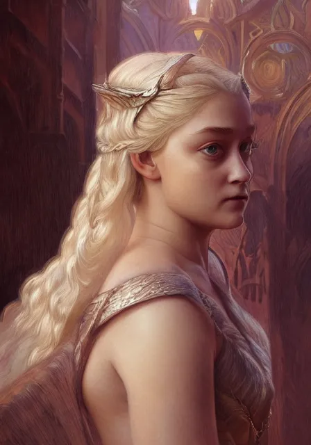 Image similar to daenerys dakota fanning, intricate, elegant, highly detailed, digital painting, artstation, concept art, smooth, sharp focus, illustration, art by artgerm and greg rutkowski and alphonse mucha and william - adolphe bouguereau