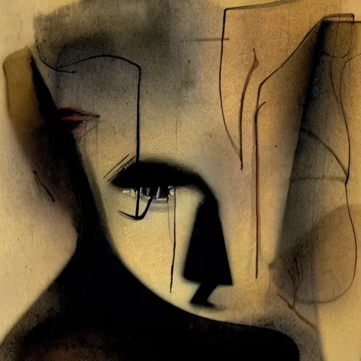 Image similar to the profile of a woman's face is looking down in one direction, a male shadow is facing the other direction, dark mood, accentuated shadows, by Dave McKean