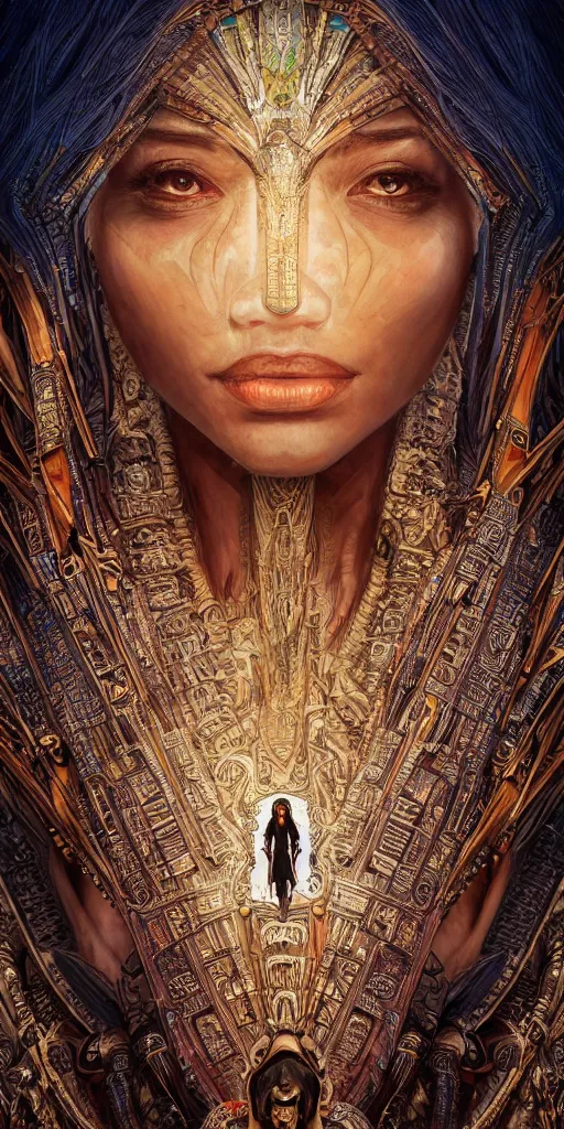 Image similar to HDR portrait photography of The Benevolent Cyborg Queen vertically mirrored above The Evil Cyborg King, ethnic, fantasy, intricate, elegant, highly detailed, African, Egyptian, Aztec, Mayan, digital painting, artstation, HDR photo, smooth, sharp focus, illustration, art by artgerm and greg rutkowski and alphonse mucha