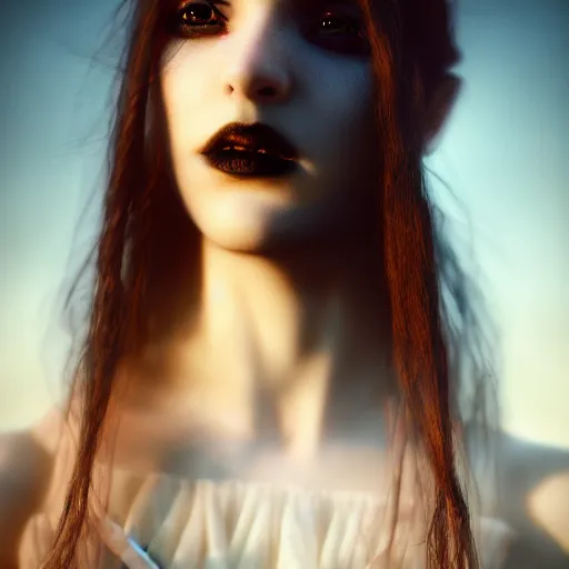 Image similar to photographic portrait of a stunningly beautiful gothic female in soft dreamy light at sunset, contemporary fashion shoot, by edward robert hughes, annie leibovitz and steve mccurry, david lazar, jimmy nelsson, breathtaking, 8 k resolution, extremely detailed, beautiful, establishing shot, artistic, hyperrealistic, beautiful face, octane render