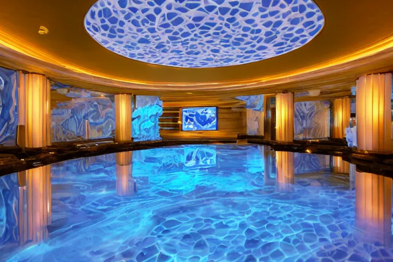 Image similar to futuristic luxurious high-end living room with Singaporean lush onsen with royal white and royal blue and white and luxurious gold colors, advanced civilization, Japanese hot springs and interstellar facilities, tv and couch, at the Pamukkale with rocks formed by water erosion, walls made of beautiful smooth sandstone light beams that shine, polish narrow slots of walls into a striated swirling finish, waterfalls flowing with a volcanic lava eruption, lavs flowing through the land, digital painting, concept art, smooth, sharp focus, from Star Trek 2021, illustration, by WLOP and Ruan Jia and Mandy Jurgens and William-Adolphe Bouguereau, Artgerm