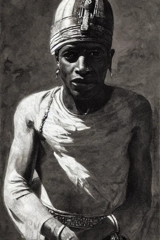 Prompt: a closer hero portrait of a live nubian temple guard with very piercing blue eyes, incredibly charismatic. in old egypt. masterpiece, dramatic light and shadow, saturated colors, ciaroscuro. painted by anders zorn