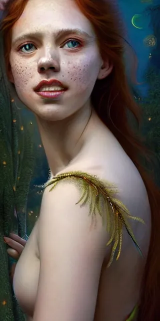 Image similar to young woman, full covering intricate detailed dress, serene smile, surrounded by golden firefly lights amidst nature, long red hair, precise linework, accurate green eyes, small nose with freckles, beautiful smooth oval shape face, empathic, expressive emotions, dramatic lights spiritual scene, hyper realistic ultrafine art by artemisia gentileschi, jessica rossier, boris vallejo