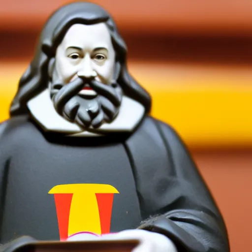 Image similar to Photograph of theologican John Calvin Happy Meal Toy figure made of plastic, 50 mm photo, McDonalds restaurant interior background