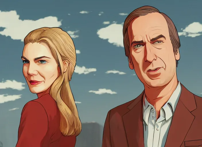 Prompt: kim wexler and saul goodman, ilustration by hayao miyazaki, extremely detailed, artstation, for aaa game, high quality, adobe ilustrator, behance