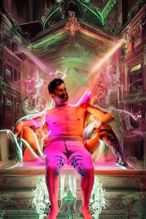 Image similar to full-body rococo and cyberpunk style neon statue of a muscular attractive Manuel Turizo macho dotado e rico android sim roupa reclining con las piernas abertas e la piroca dura, ethereal white dripping tar, glowing orange lasers, pink tigers, glowing eyes, silver prince crown, black gears, pink diamonds, swirling mint-colored silk fabric. futuristic elements. full-length view. human skulls. large intricate artwork by caravaggio. Trending on artstation, octane render, cinematic lighting from the right, hyper realism, octane render, 8k, depth of field, 3D