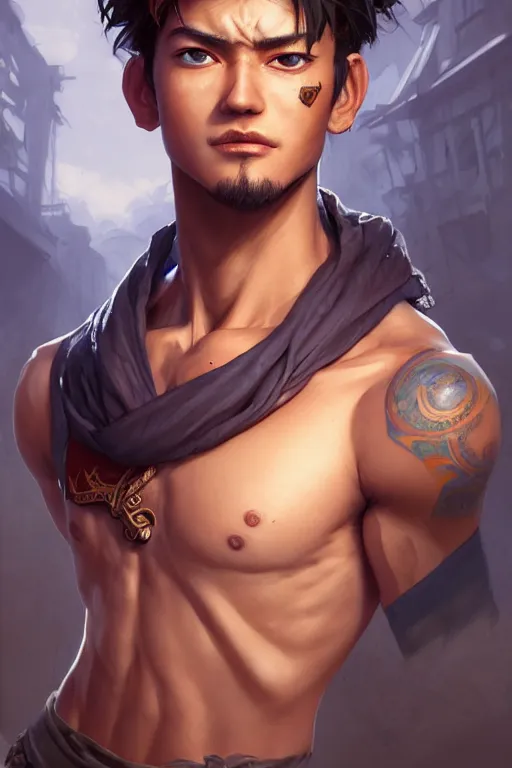 Prompt: a cool and muscular male refugee of legends character, shabby clothes, bag, shelter background, symmetrical, maximalist, cg animation, riot enterainment, arcane, realistic, hyper detailed, masterpiece character select portrait, by artgerm, anna dittmann, ilya kuvshinov, loish, drew struzan, charlie bowater, 3 d