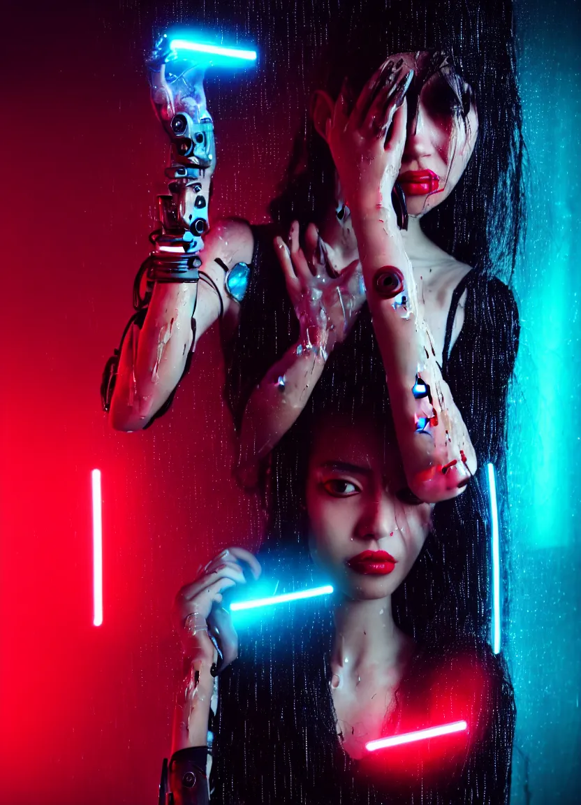 Image similar to woman, android, black hair, cyberpunk, artificial limbs, circuit, mechanisms, tattoos, neon lights, hard light, glamour, vogue photoshoot, fashion, lens flare, long dress, red dress, raindrops, rain, wet, wet hair, wet fabric, make - up, leaky make - up, red lipstick