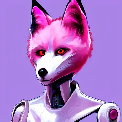 Image similar to digital art artstation, pixiv, portrait of a robotic fox with cybernetic body with pink hair, character fursona furry, furaffinity