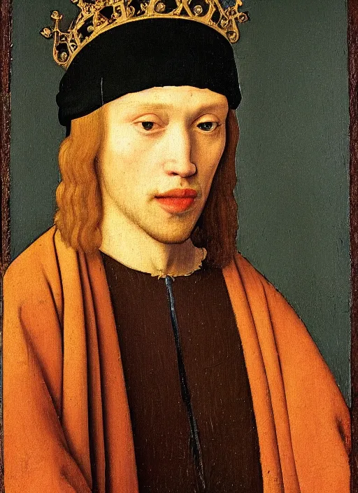 Image similar to portrait of a young man who is a king with a crown, medieval painting by Jan van Eyck, Johannes Vermeer, Florence