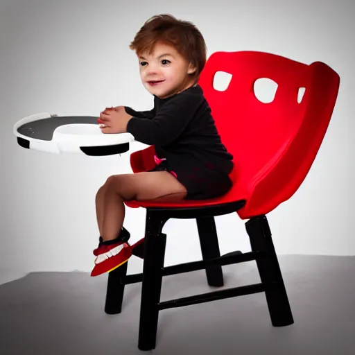 Image similar to Product photoshoot of a child's high chair in the style of a gaming chair black with red light