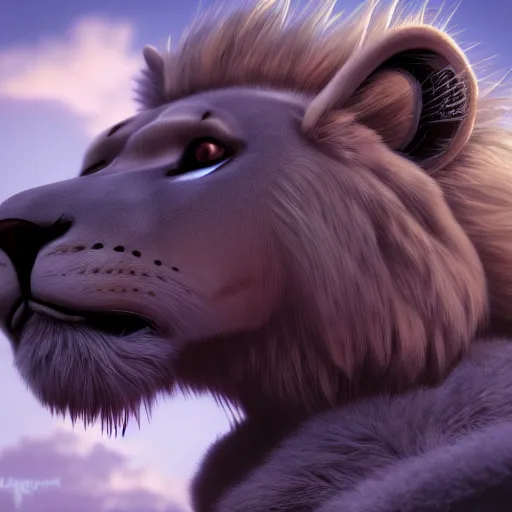 Image similar to dream very very beautiful furry art, bust profile picture of a robotic anthro lion, visor screen for face, snout under visor, commission on furaffinity, cgsociety, octane render