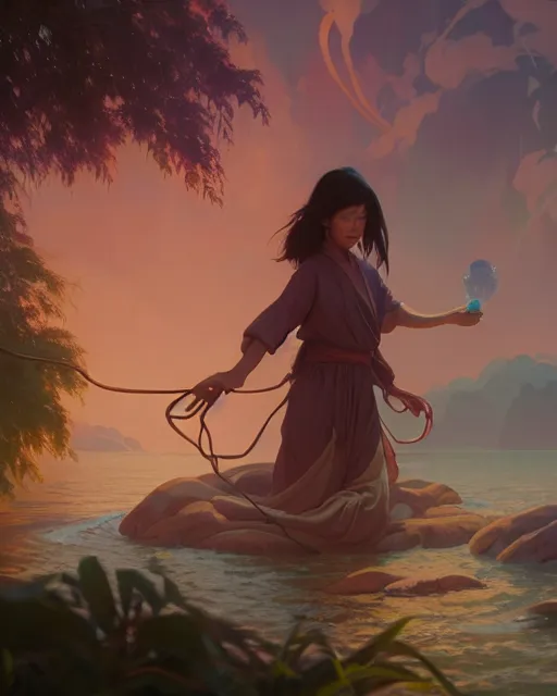 Image similar to asian mage casting a water spell, highly detailed vfx portrait, unreal engine, greg rutkowski, loish, rhads, beeple, makoto shinkai and lois van baarle, ilya kuvshinov, rossdraws, tom bagshaw, alphonse mucha, global illumination, detailed and intricate environment