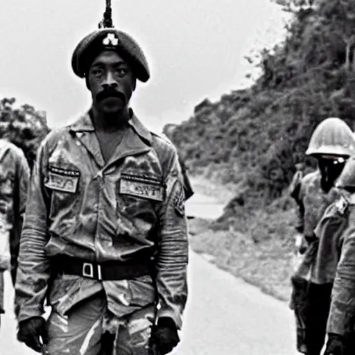 Image similar to black Robert Downey Jr as a soldier in Vietnam, award winning historical photograph