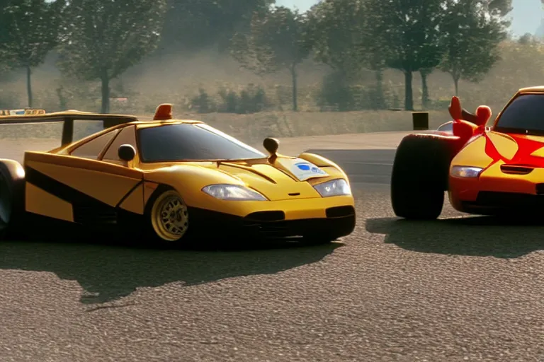 Prompt: film still of a tractor racing McLaren F1 in Pixar’s Cars (2006), 8k,