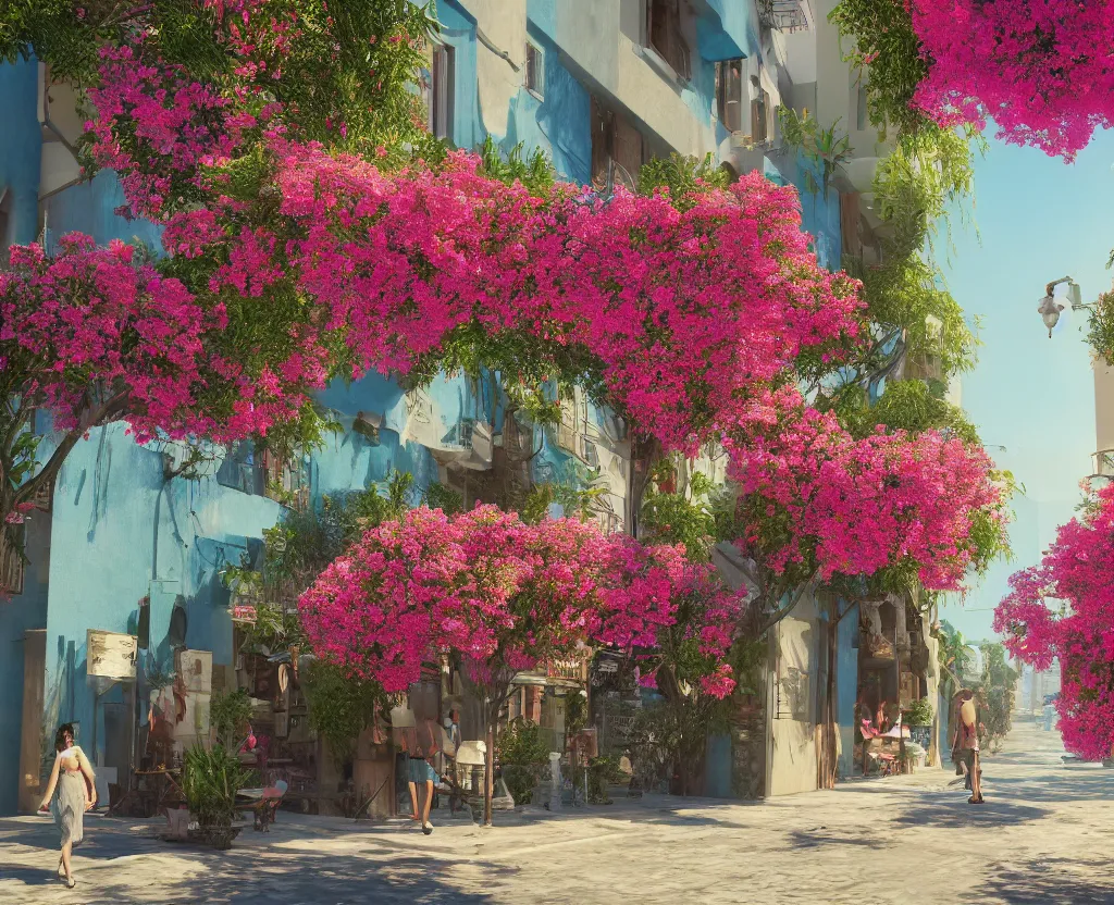 Prompt: a very beautiful scene, vfx render, small street in tel aviv, busy, shops, bauhaus, sunlight, happy, bougainvillea, hyperrealistic, 4 k. lovely scene. art. unreal engine.