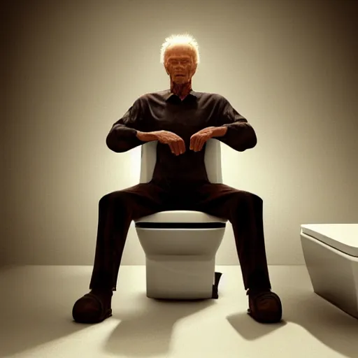 Image similar to hyperrealistic clint eastwood straining while sitting on porcelain toilet, stunning 3 d render inspired by istvan sandorfi & greg rutkowski & mike judge, perfect symmetry, dim volumetric cinematic lighting, 8 k octane comprehensive render, extremely mega hyper - detailed and lifelike attributes & atmosphere, intricate, realistic flesh texture, masterpiece, artstation, stunning,