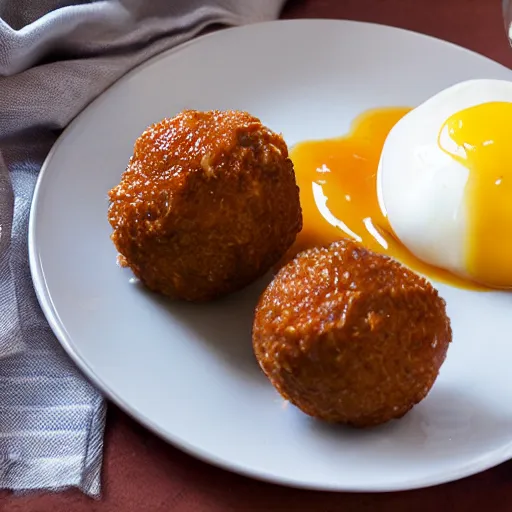 Prompt: scotch egg with ikea meatball gravy