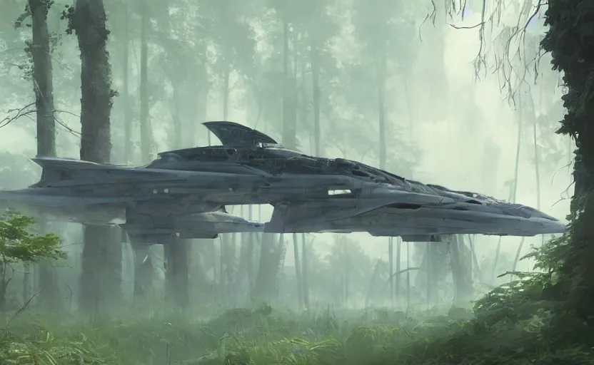 Image similar to a fighter design spaceship on fire crashed in a swamp forest, on the ground, smoke, smoke, cloudy air. Atmospheric lighting, overgrowth. By Makoto Shinkai, Stanley Artgerm Lau, WLOP, Rossdraws, James Jean, Andrei Riabovitchev, Marc Simonetti, krenz cushart, Sakimichan, trending on ArtStation, digital art.