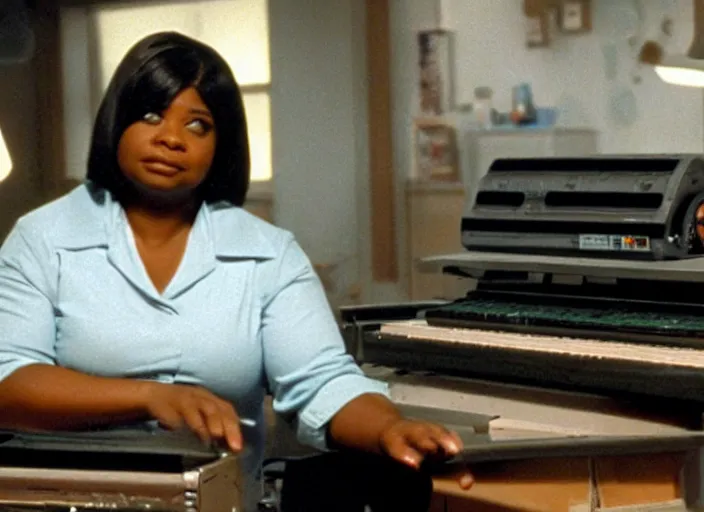 Image similar to cinematic shot of octavia spencer in an small used electronics store hands on an old electronic keyboard, iconic scene from the paranoid thriller sci fi film directed by stanley kubrick, anamorphic cinematography, beautiful composition, color theory, leading lines, photorealistic, volumetric lighting, hyper detailed 4 k image,