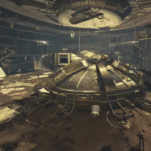 Image similar to the international space station in ruins post - nuclear war in fallout 4, in game screenshot