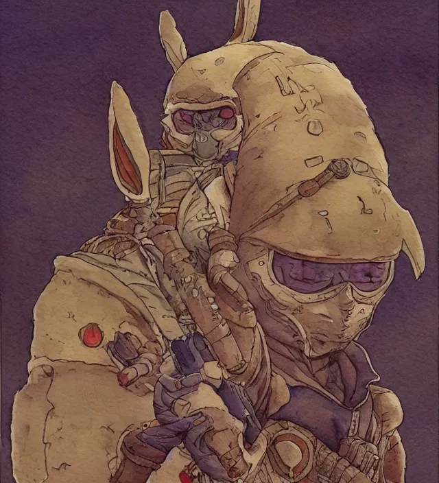 Image similar to a watercolor ink painting of an anthropomorphic bunny mercenary in the style of jean giraud in the style of moebius trending on artstation deviantart pinterest detailed realistic hd 8 k high resolution