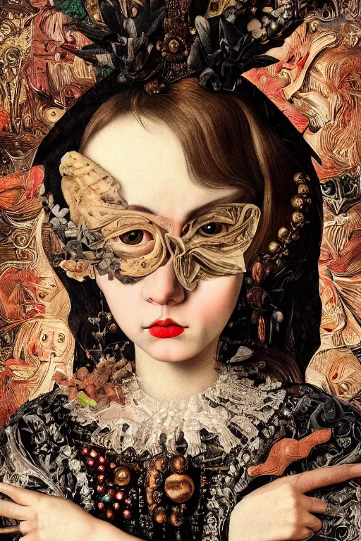 Image similar to Detailed maximalist portrait with large lips and with large eyes. HD mixed media, 3D collage, highly detailed and intricate illustration in the style of Caravaggio, dark art, baroque