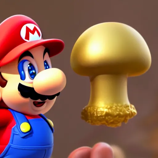 Prompt: A Still of Super Mario in an animated Disney Pixar movie holding a gold coin in the mushroom kingdom, promotional render, 35mm f2.8, 4k, artstation, PBR materials, Pixar renderman render