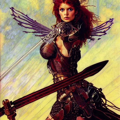 Image similar to half length portrait of a winged, armored female valkyrie with a flaming sword, d & d, fantasy, luis royo, magali villeneuve, donato giancola, wlop, krenz cushart, hans zatka, klimt, alphonse mucha