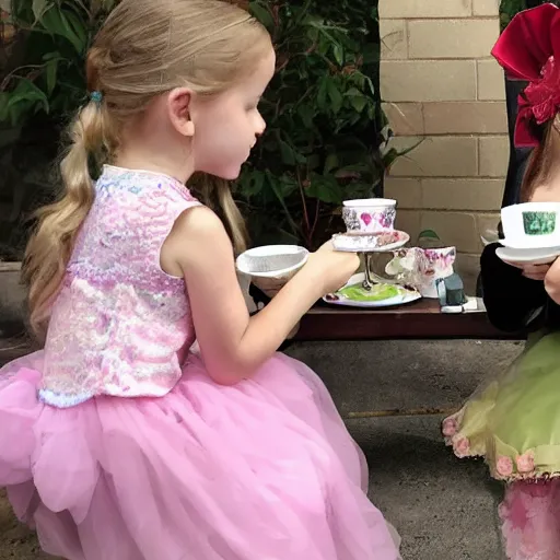 Image similar to A beautiful young little princess and a regal ancient dragon have a tea party