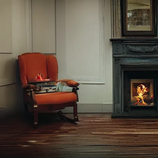 Image similar to “a lonely robot reads a book near a fireplace in a Victorian home., IMAX 70mm footage”