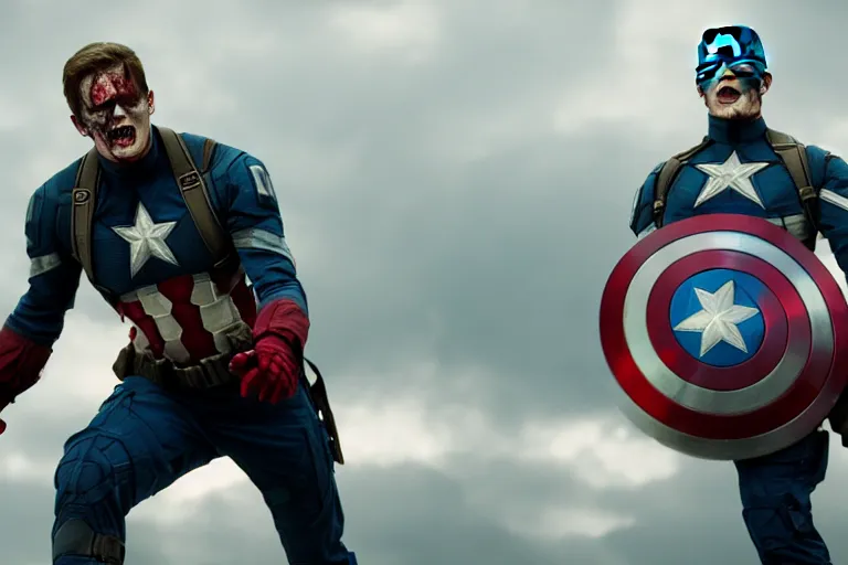 Image similar to film still of zombie Captain America in new avengers movie, 4k