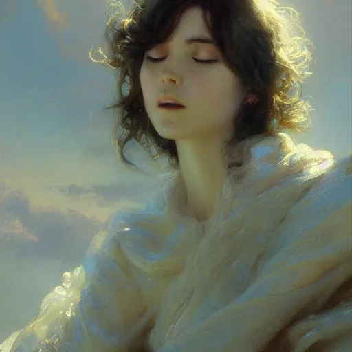 Prompt: detailed portrait of serene anime girl c, closed eyes, natural light, painting by gaston bussiere, craig mullins, j. c. leyendecker