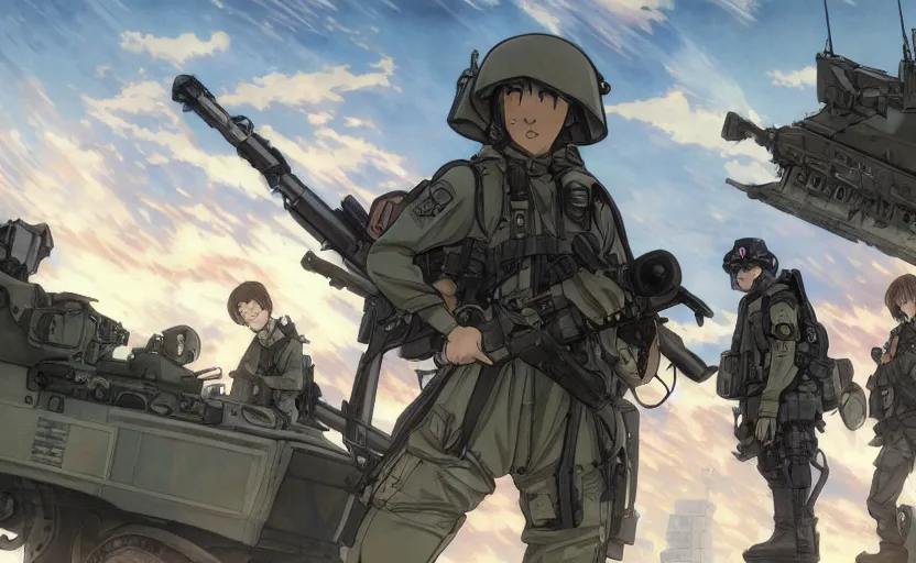 Prompt: anime style, modern warfare, panoramic view, searchlights in background, soldier clothing, hair down, real faces, symmetrical facial features, from arknights, hyper realistic, wallpaper, detailed drawing, trending pixiv, safebooru, volumetric modelling, think in 3 d, by alphonse mucha, greg rutkowski, sharp focus, backlit, mechanized transport
