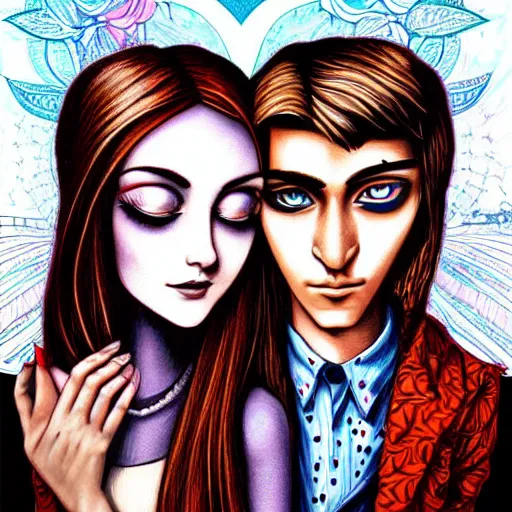 Image similar to perfectly centered symmetrical split male and female portrait of man and woman in love sharing one heart. art by jasmine becket griffith