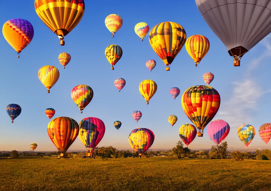 Image similar to beautiful hyper realistic photo of sky with colorful hot air balloons, 28mm wide angle photo, photo realistic image, 4K, super detailed, golden hour look