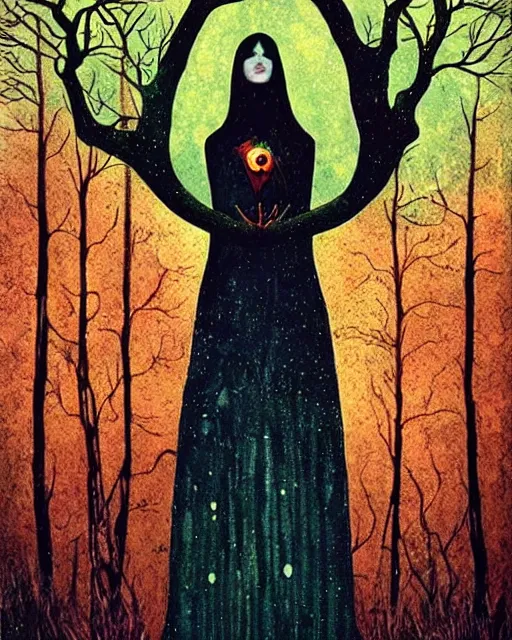 Image similar to tarot card, haunted woods, Art nouveau, by andy kehoe