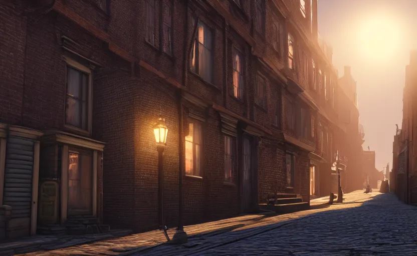 Prompt: photorealistic Victorian city slum back street. Evening sunlight. lens flare. Gaslight street lamps. 8K. detailed. photorealism. artstation. 25mm f/1.7 ASPH Lens. ultra realistic