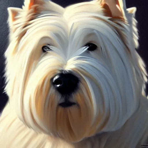 Image similar to west highland terrier, oil painting, fine art, artstation, masterpiece, cinematic lighting, very realistic, highly detailed