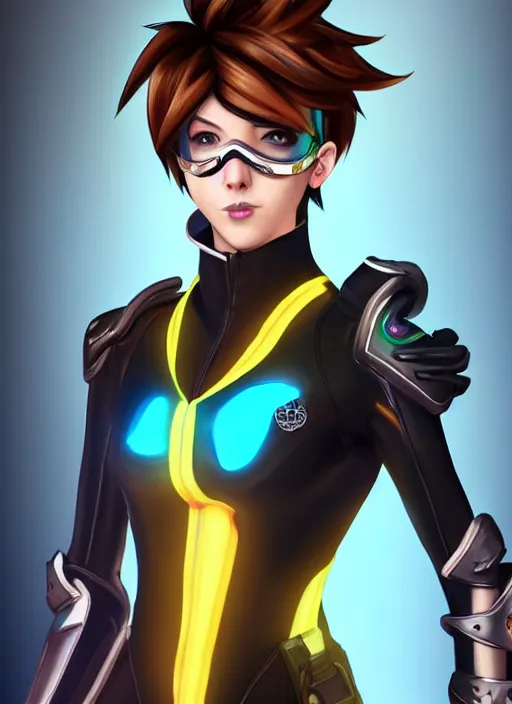 Image similar to full body digital artwork of tracer overwatch, wearing black iridescent rainbow latex, 4 k, expressive happy smug expression, makeup, in style of mark arian, wearing detailed black leather collar, wearing sleek armor, black leather harness, detailed face and eyes,