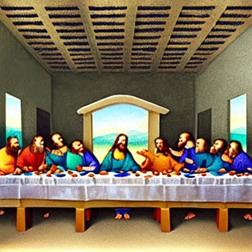 Image similar to the last supper with dinosaurs instead of humans