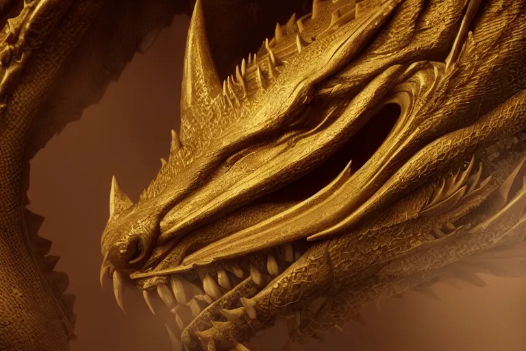 Prompt: cinematic closeup portrait of a golden dragon in a sandstorm, detailed textures, dramatic lighting, unreal engine, cgsociety, artstation, 4k