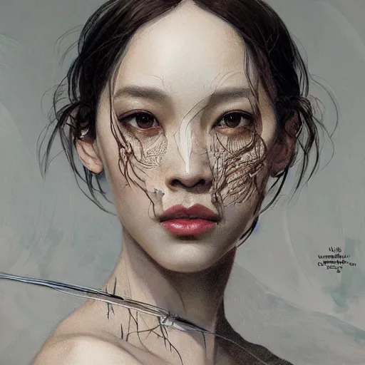 Image similar to Kiko Mizuhara, physically accurate, dynamic lighting, intricate, elegant, highly detailed, digital painting, artstation, HR GIGER, Hieronymus Bosch, Francis Bacon, concept art, smooth, sharp focus, illustration, art by artgerm and greg rutkowski and alphonse mucha