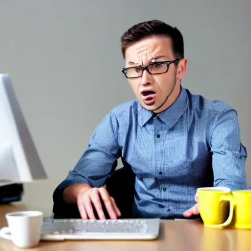 Image similar to man sits at computer desk angry and frustated waiting impatiently