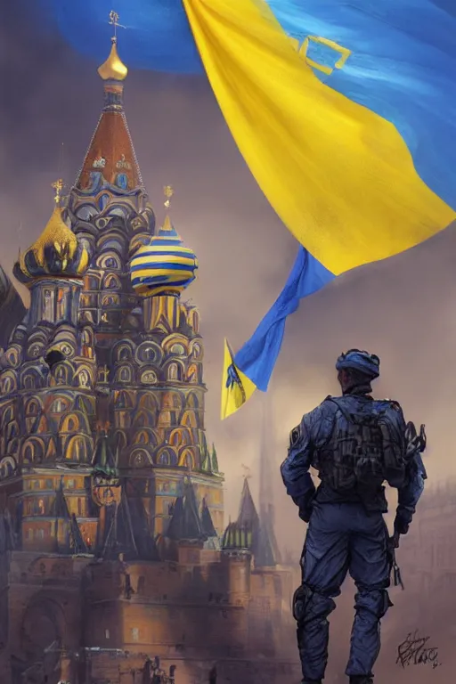 Prompt: special forces soldier installin ukrainian blue and yellow flag on red square kremlin, masculine figure, d & d, fantasy, bright atmosphere, volumetric lights, intricate, elegant, extremely detailed, digital painting, artstation, concept art, matte, smooth, sharp focus, hyper realistic, illustration, art by artgerm and greg rutkowski and alphonse mucha