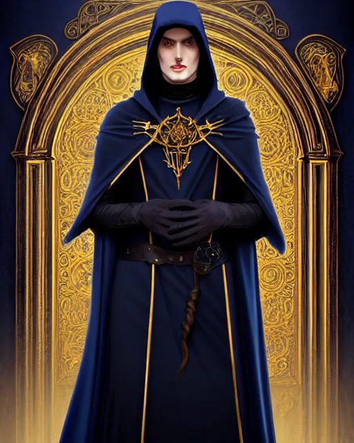 Image similar to handsome mage at the end of time, long black hair blue eyes wearing cloth mantle gothic navy cloak with gold details, castle town, fantasy character portrait, ultra realistic, intricate, elegant, cinematic lighting, highly detailed, digital painting, artstation, smooth, sharp, focus, illustration, art by artgerm and greg rutkowski and alphonse mucha